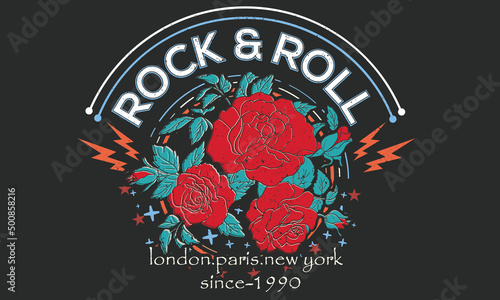 Rose rock and roll vector print design. Rocking graphic print for posters, stickers, background and others. Wild flower music logo artwork. 