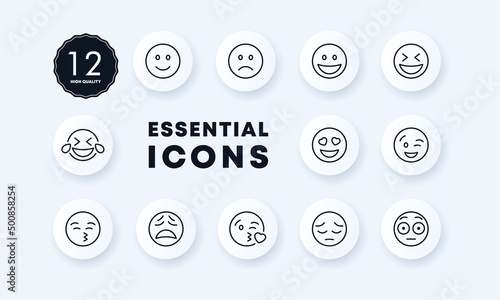 Reaction icons set. Smilies. Reaction to a message. Joy, sadness, sadness and love. Neomorphism style.