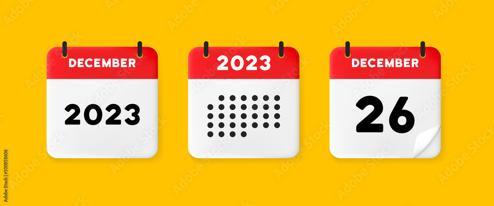 Calendar icon. December. 2023 26 day. Raised page calendar. 3d vector illustration. Calendar icon. December. 2023 26 day. Raised page calendar. 3d vector illustration.