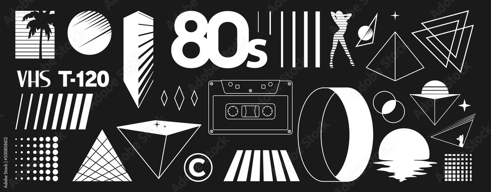 Set of retrowave design elements. Sunset, palm tree, audio cassette, pyramid, unreal ring, VHS sign, 80s title, sexy woman, geometry. Pack of retrowave 1980s style design elements. Vector