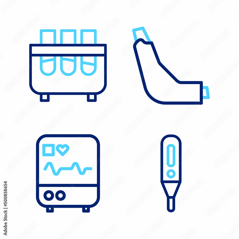 Set line Medical digital thermometer, Monitor with cardiogram, Inhaler and Test tube and flask icon. Vector Set line Medical digital thermometer, Monitor with cardiogram, Inhaler and Test tube and flask icon. Vector