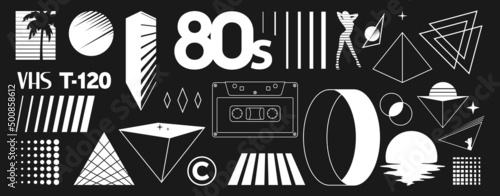Obraz na płótnie Set of retrowave design elements. Sunset, palm tree, audio cassette, pyramid, unreal ring, VHS sign, 80s title, sexy woman, geometry. Pack of retrowave 1980s style design elements. Vector w salonie