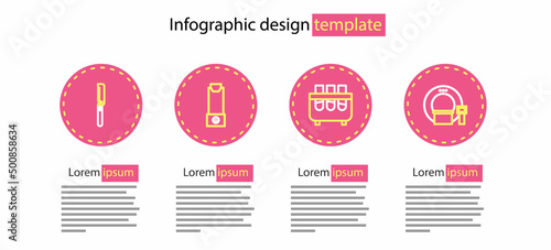 Set line Test tube and flask, Tomography, Inhaler and Medical saw icon. Vector