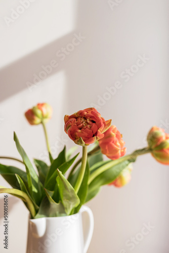 Orange red tulip flowers with green stems and leaves in a white ceramic pitcher on a light shadow white wall and window background. Creative floral botany wallpaper. Minimal creative greeting card.