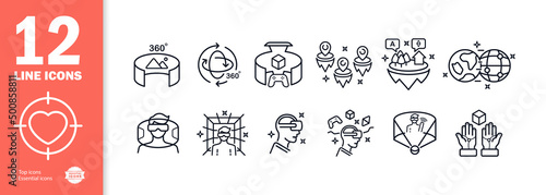Virtual reality icons set. virtual area. Panorama. Orientation in space. Newest technologies. Fun time. Virtual reality helmet. 3D objects. 360 degrees.