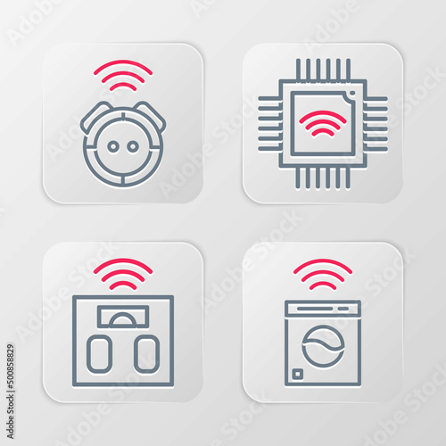 Set line Smart washer, bathroom scales, Processor with microcircuits CPU and Robot vacuum cleaner icon. Vector