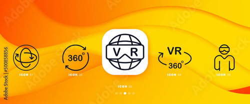 Virtual reality icon set. Orientation in space. Newest technologies. Fun time. Virtual reality helmet. 3D objects. 360 degrees. Set of icons for presentations or web pages.