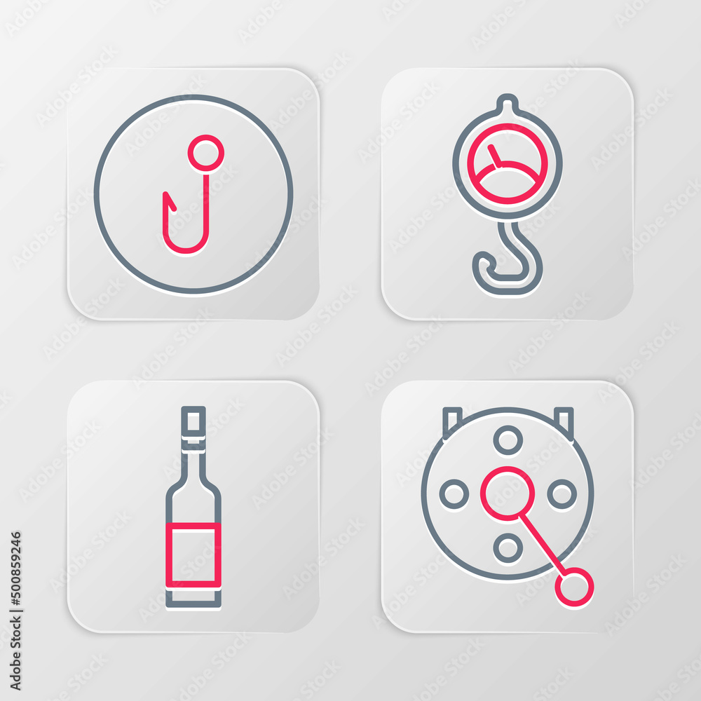 Set line Spinning reel for fishing, Bottle of vodka, Spring scale and Fishing hook icon. Vector Set line Spinning reel for fishing, Bottle of vodka, Spring scale and Fishing hook icon. Vector