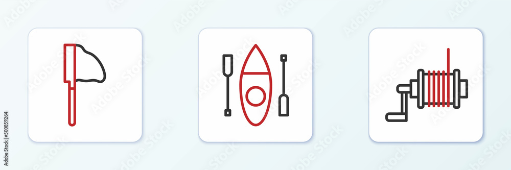 Set line Spinning reel for fishing, Fishing net with and Kayak canoe icon. Vector Set line Spinning reel for fishing, Fishing net with and Kayak canoe icon. Vector