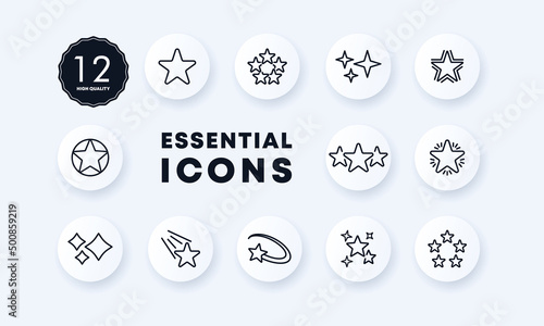 Stars icons set. Shooting star. Starry sky. Pictogram. Neomorphism style.