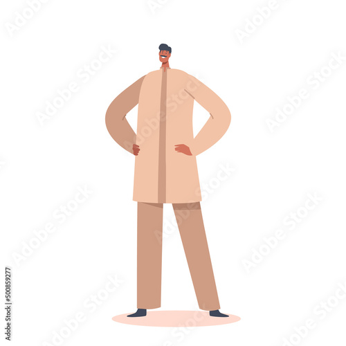 Indian Male Character Wear Traditional Clothes Long Kurta Shirt and Pants Isolated on White, Culture Tradition of India