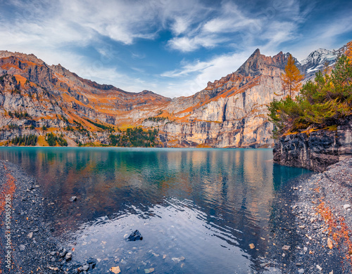 Calm autumn view of unique Oeschinensee Lake. Majestic morning scene of Swiss Alps with Bluemlisalp mountain on background, Switzerland, Europe. Beauty of nature concept background..