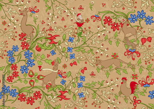 Floral and animals vintage seamless pattern. Medieval illuminati manuscript inspiration. Design for wrapping paper, wallpaper, fabrics and fashion clothes. Vector illustration.