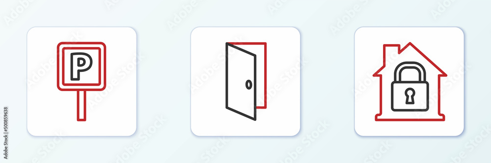 Set line House under protection, Parking and Closed door icon. Vector Set line House under protection, Parking and Closed door icon. Vector
