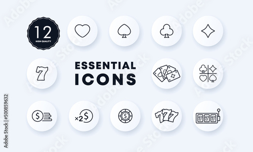 Casino icons set. Poker cards. Slot machines. Rates. Card suits. Earnings. Playing chips. Neomorphism style.