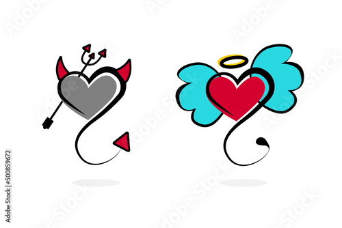 Angel's and demon's hearts with wings, horns, tail and nimbus on white background. Vector illustration.