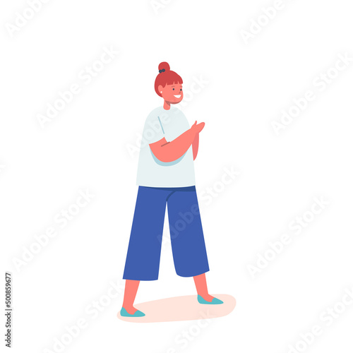 Happy Little Girl Playing, Child Wear Blue Pants and White T-shirt. Smiling Baby Character Playing, Fun, Happy Emotion