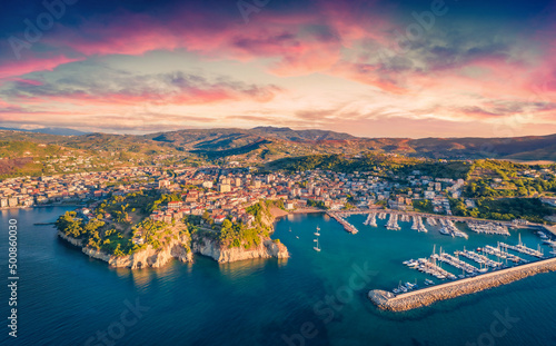Spectacular evening view from flying drone of Agropoli port. Marvelous summer seascape of Mediterranean sea. Traveling concept background. photo