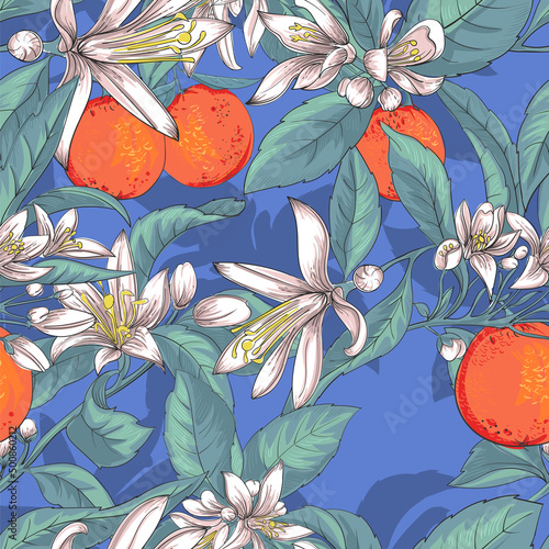 Blooming branches of flowers and fruits of oranges - a seamless pattern. Realistic botanical illustration in vintage style