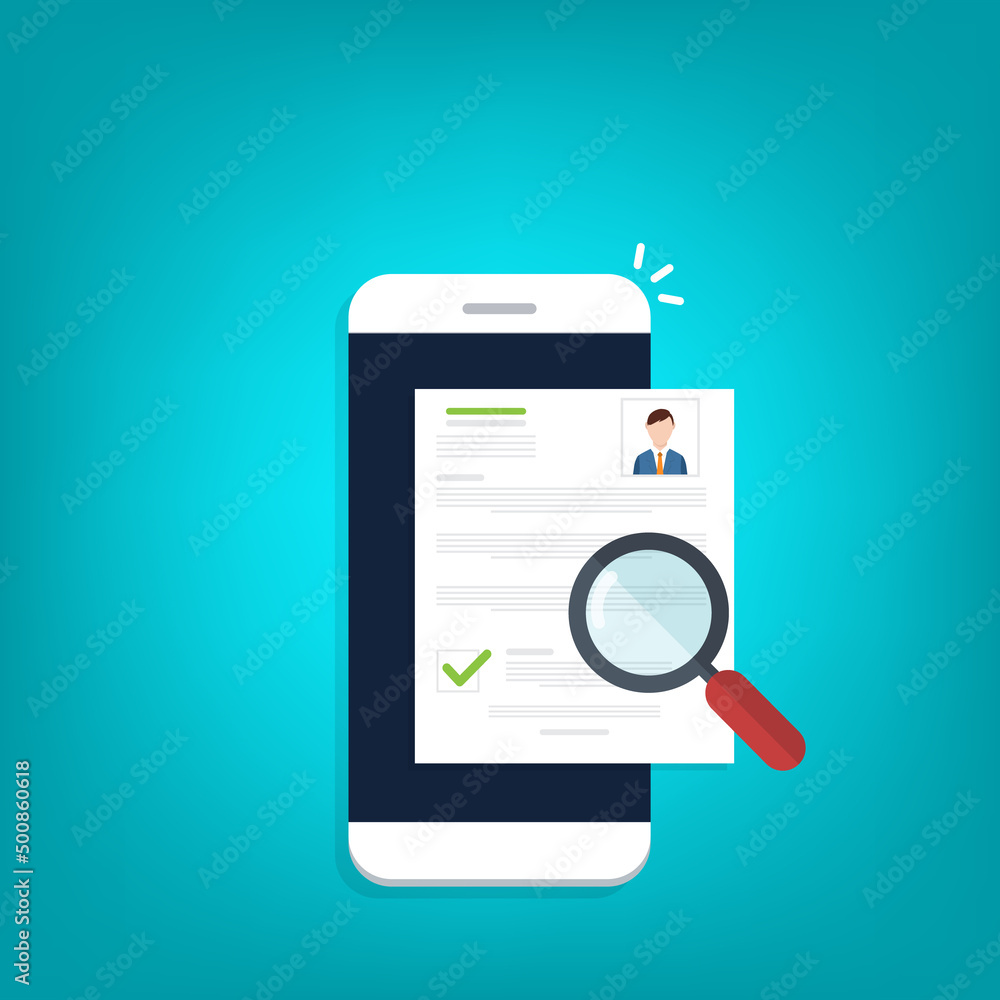 Online resume analysis, use phone and magnifying glass to view recruitment resume, concept of recruitment and human resources	