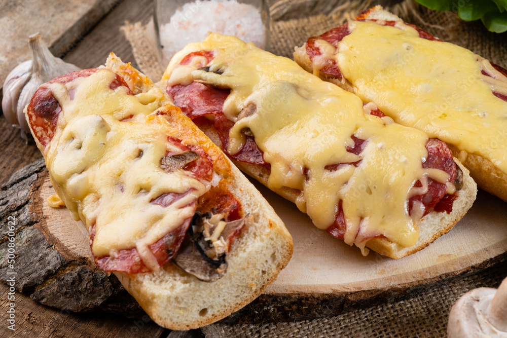 Sandwich pizza with melted cheese, close-up. Italian sandwich.
