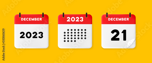 Calendar icon. December. 2023 21 day. Calendar with raised pages. Red calendar isolated on yellow background. 3d vector illustration.