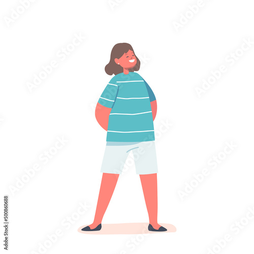 Happy Little Girl Wear Striped Blue T-shirt and White Shorts Trousers. Smiling Child Playing, Fun, Happy Emotion