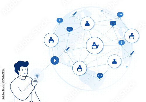 global network connection illustration: social media network, internet communication, online learning, man touching virtual screen. editable vector illustration