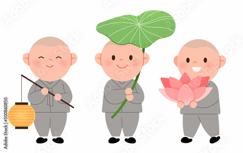 Cute baby monks. Each is standing holding a lotus flower, lotus leaf, and a lotus lantern.