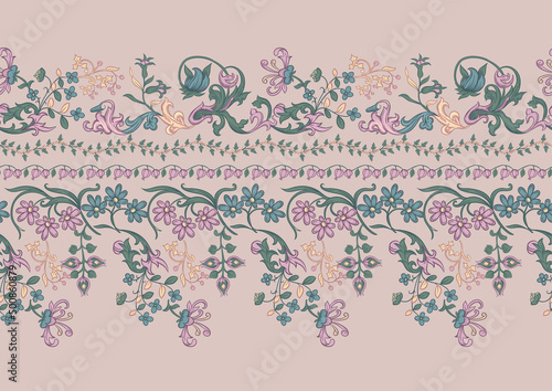 Floral vintage border line seamless pattern. Medieval illuminati manuscript inspiration. Design for wrapping paper, wallpaper, fabrics and fashion clothes. Vector illustration.
