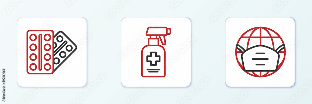 Set line Earth with medical mask, Pills in blister pack and Liquid antibacterial soap icon. Vector Set line Earth with medical mask, Pills in blister pack and Liquid antibacterial soap icon. Vector