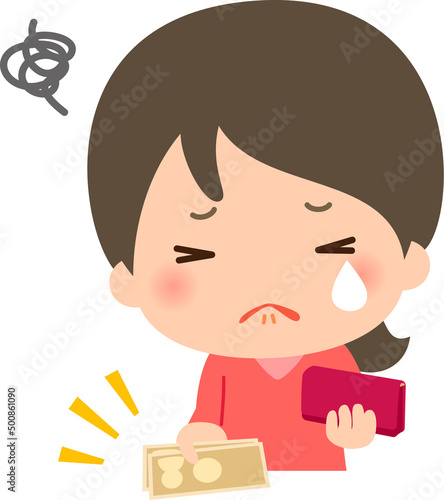 嫌そうにお金を払う女性、痛い出費