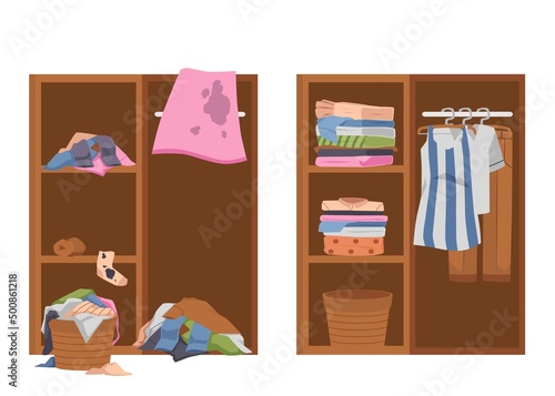 Two home organize with things, clothing on white background, vector flat illustration