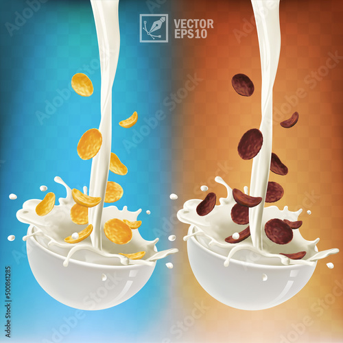 Various 3d realistic chocolate splashes of corn flakes or cereals in milk or yogurt in plate