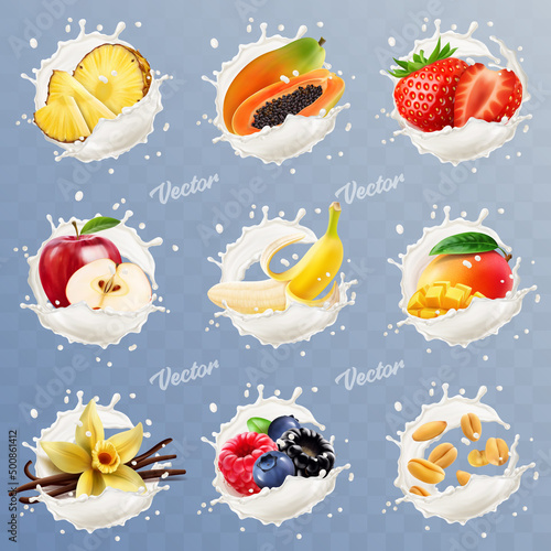 Fototapeta Naklejka Na Ścianę i Meble -  3d realistic splash set of yogurt or milk with fruits and berries, pineapple, banana, mango, strawberry, vanilla, cereals, apple, papaya, blueberry, raspberry, cranberry