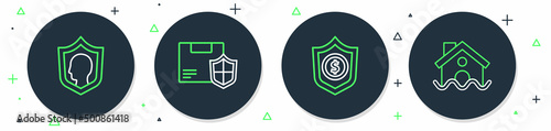 Set line Delivery security with shield, Shield dollar, Life insurance and House flood icon. Vector
