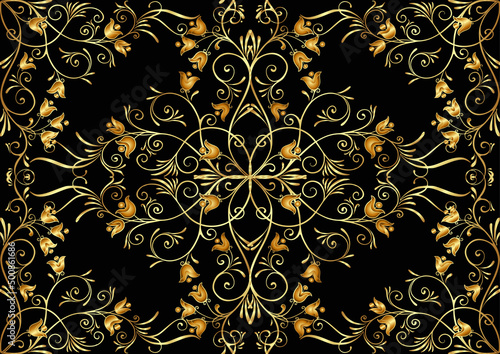 Seamless pattern, background In baroque, rococo, victorian, renaissance style. Trendy frolar vintage pattern. In gold and black vector illustration