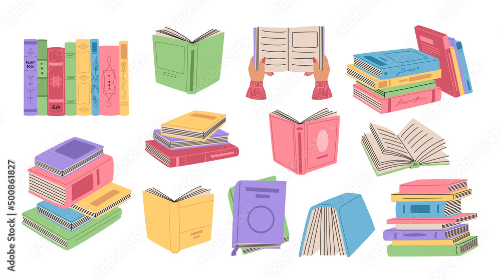 Set of retro books in colored covers and REED MORE books sign. Stacks of literature and textbook for reading and study. Hand drawn vector illustration isolated on white background. Flat cartoon style. Set of retro books in colored covers and REED MORE books sign. Stacks of literature and textbook for reading and study. Hand drawn vector illustration isolated on white background. Flat cartoon style.