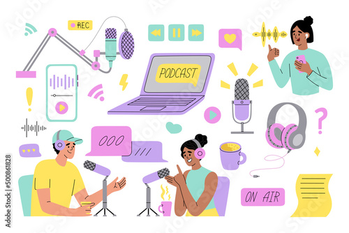 Set of various podcast stuff. Concept of broadcast recording and listening, online radio, blogging. Hand drawn colorful vector illustration isolated on white background. Modern flat cartoon style.