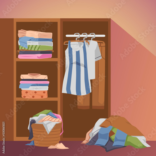 Clothes tidy hanging on hangers in wardrobe, dirty clothes are thrown in pile near closet, flat vector illustration.