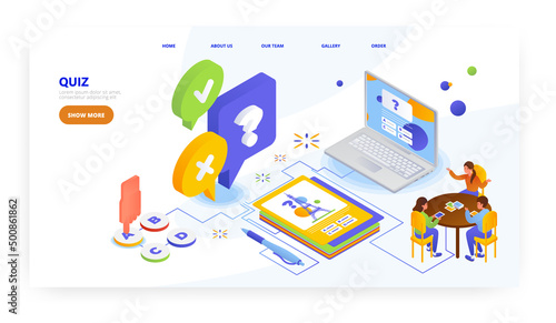Quiz, landing page design, website banner vector template. Kids playing online trivia quiz. Learning games.