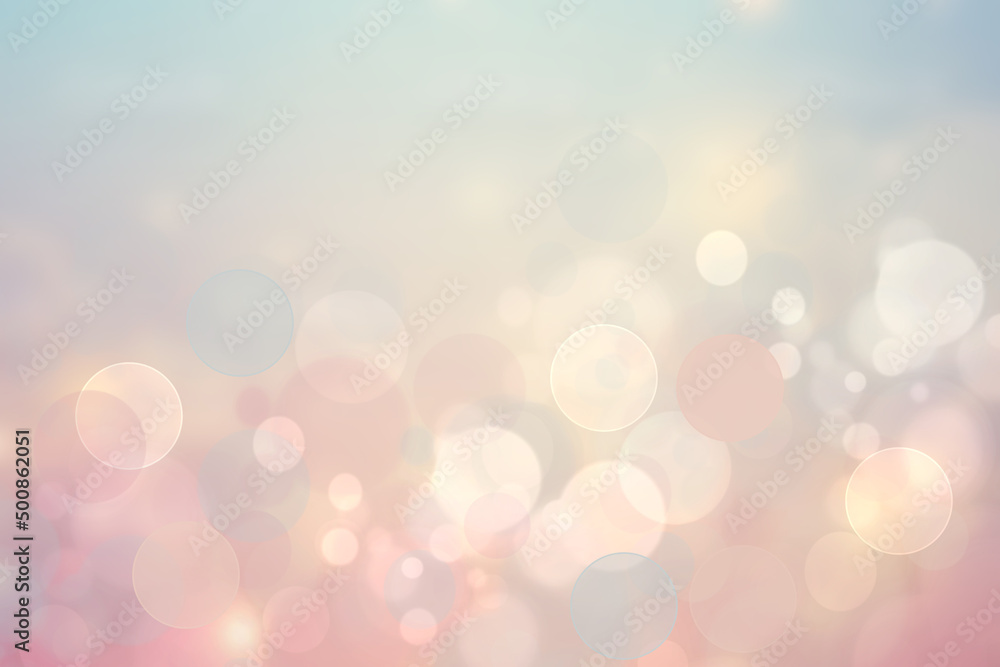 Abstract blurred fresh vivid spring summer light delicate pastel blue pink white yellow bokeh background texture with bright circular soft color lights. Beautiful backdrop illustration.