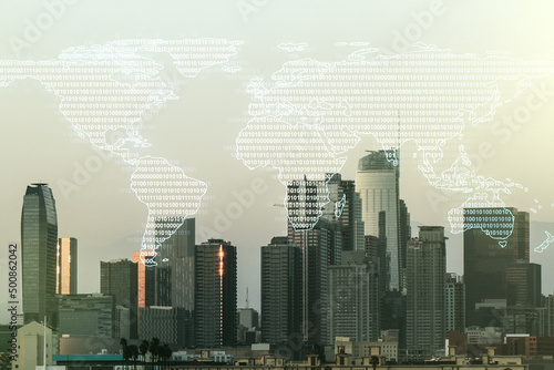Multi exposure of abstract graphic world map on Los Angeles cityscape background, big data and networking concept © Pixels Hunter