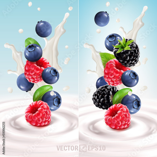 3D realistic set of falling wild berries in yogurt or milk, blueberries, raspberries, cranberries