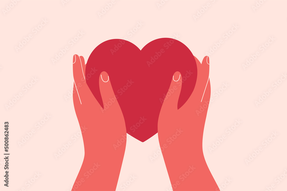 Two hands hold big red heart. Concept of love, charity, philanthropy and donation. Vector illustration Two hands hold big red heart. Concept of love, charity, philanthropy and donation. Vector illustration