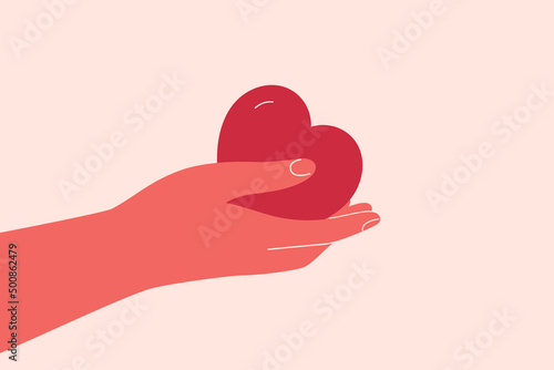 Human Hand gives to someone big red heart. Concept of love, charity, philanthropy and donation. Vector illustration