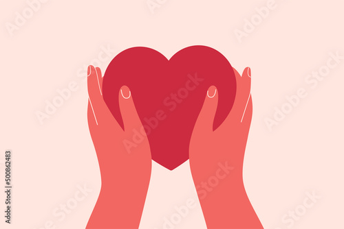 Two hands hold big red heart. Concept of love, charity, philanthropy and donation. Vector illustration