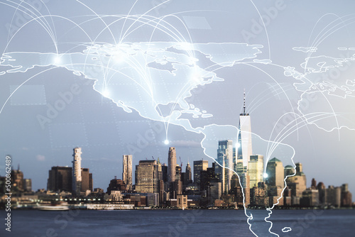 Double exposure of abstract digital world map hologram with connections on Manhattan office buildings background, big data and blockchain concept