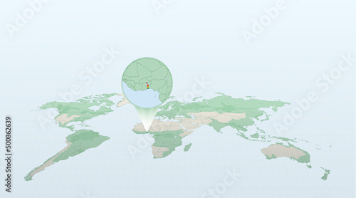 World map in perspective showing the location of the country Togo with detailed map with flag of Togo.