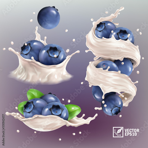 3D realistic blueberry set, lying heaps of berries with leaves, falling bilberries, splash of milk or yogurt with berries